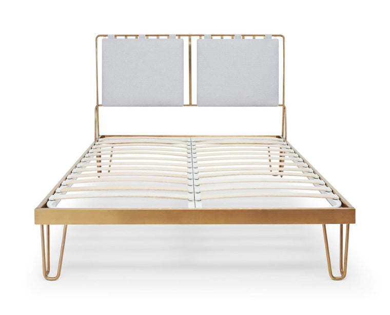 Gillmore Space Finn Double Bed Silver Upholstered & Brass Frame