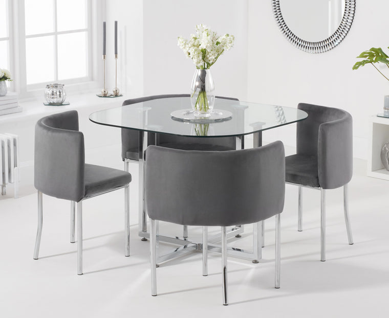 Abingdon Stowaway Glass Dining Set With 4 Velvet Dining Chairs