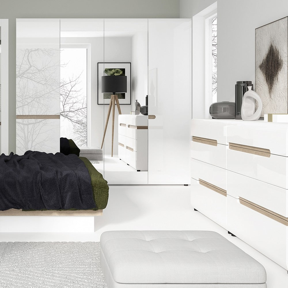 Axton Norwood Bedroom 4 Door Wardrobe With Mirrors In White With A Truffle Oak Trim