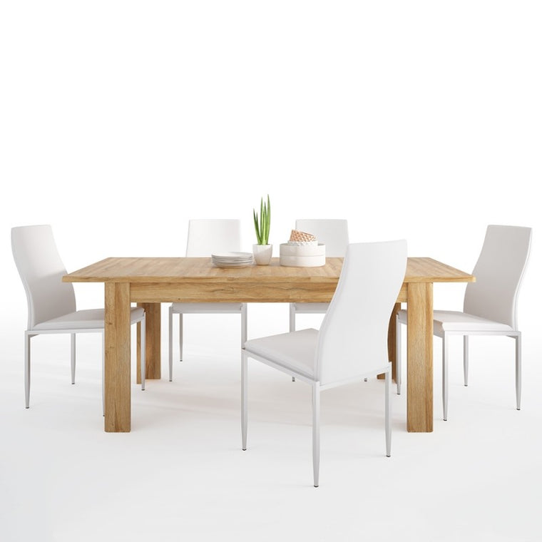 Axton Bronxwood Extending Dining Table in Grandson Oak + 4 Milan High Back Chair White
