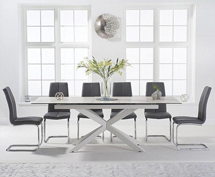 Britolli 180-220cm Extending Ivory White Ceramic Dining Table with 6 Tonia Dining Chairs