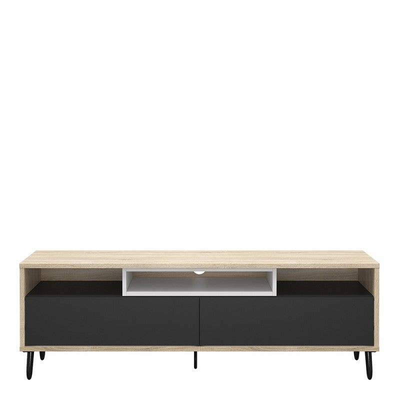 Axton Throggs Match TV Unit 2 Drawers w/ Media Compartment In Oak Wiith Dark Grey And White