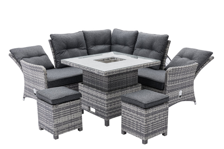 Home Junction Freya Grey Square Reclining Corner Sofa, Rising Table with Ice Bucket and 2 Stools
