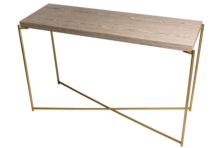 Gillmore Space Iris Large Console Table Weathered Oak Top