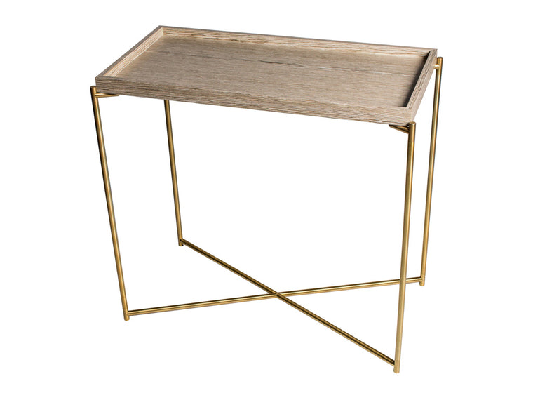 Gillmore Space Iris Small Console Table Weathered Oak Tray