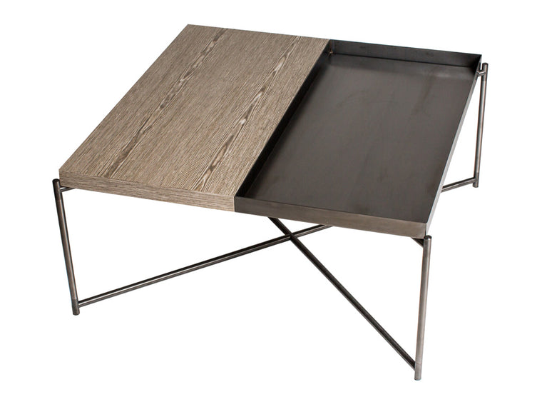 Gillmore Space Iris Square Coffee Table Weathered Oak Top & Gun Metal Tray 