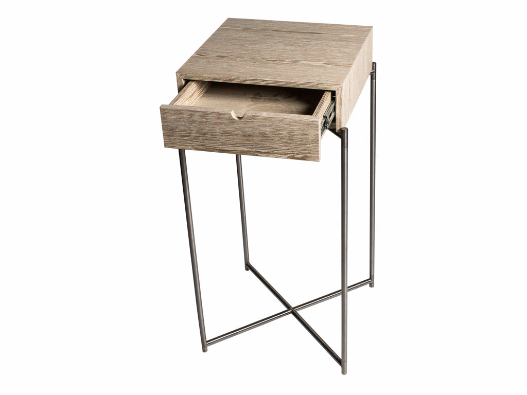 Gillmore Space Iris Square Plant Stand Weathered Oak Drawer