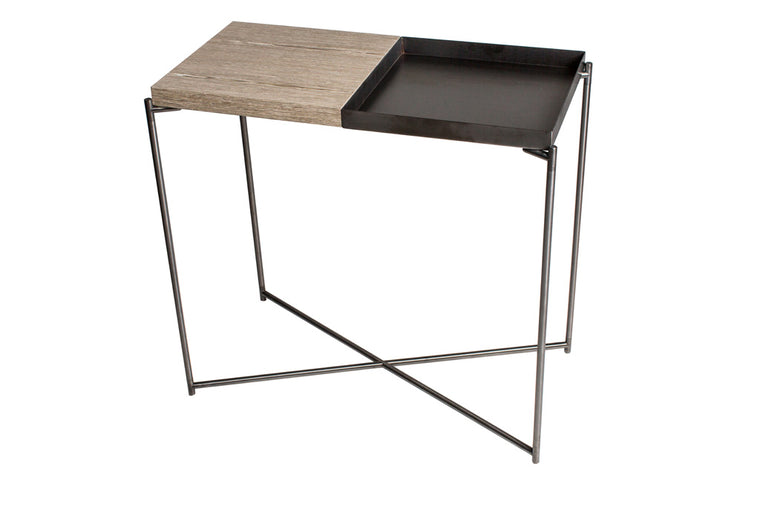 Gillmore Space Iris Small Console Table Weathered Oak Top & Gun Metal Tray