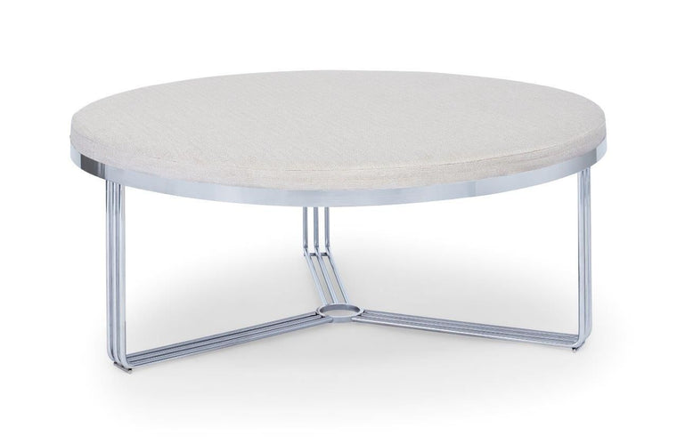 Gillmore Space Finn Large Circular Coffee Table Natural Upholstered & Polished Chrome Frame