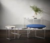 Gillmore Space Finn Small Circular Coffee Table Or Footstool Admiral Blue Upholstered & Polished Chrome Frame