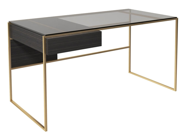 Gillmore Federico Desk Clear Glass Top, Black Stained Oak Drawer & Brass Frame Desk Table