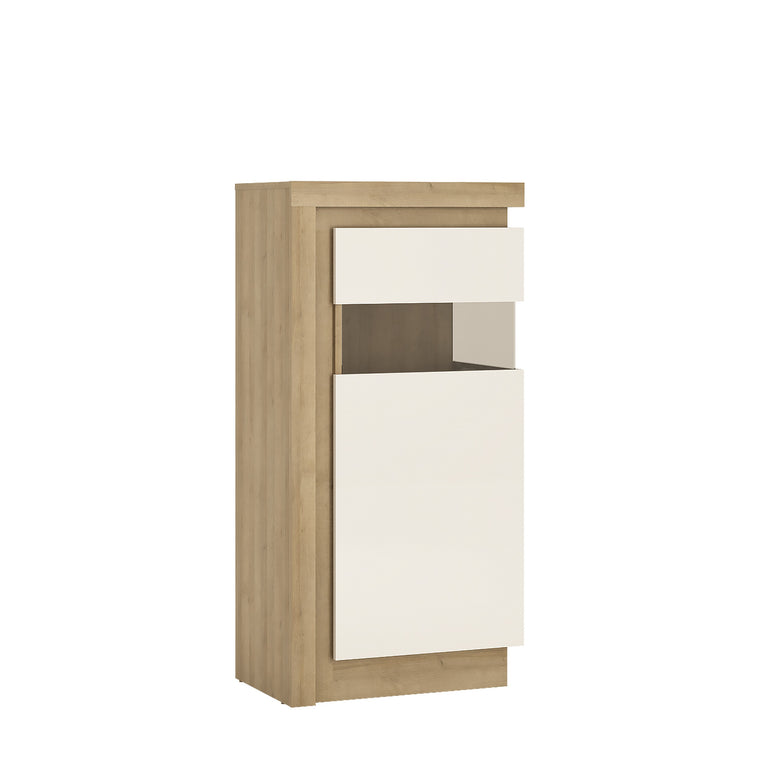 Axton Woodlawn Narrow Display Cabinet (RHD) 123.6cm High In Riviera Oak/White High Gloss